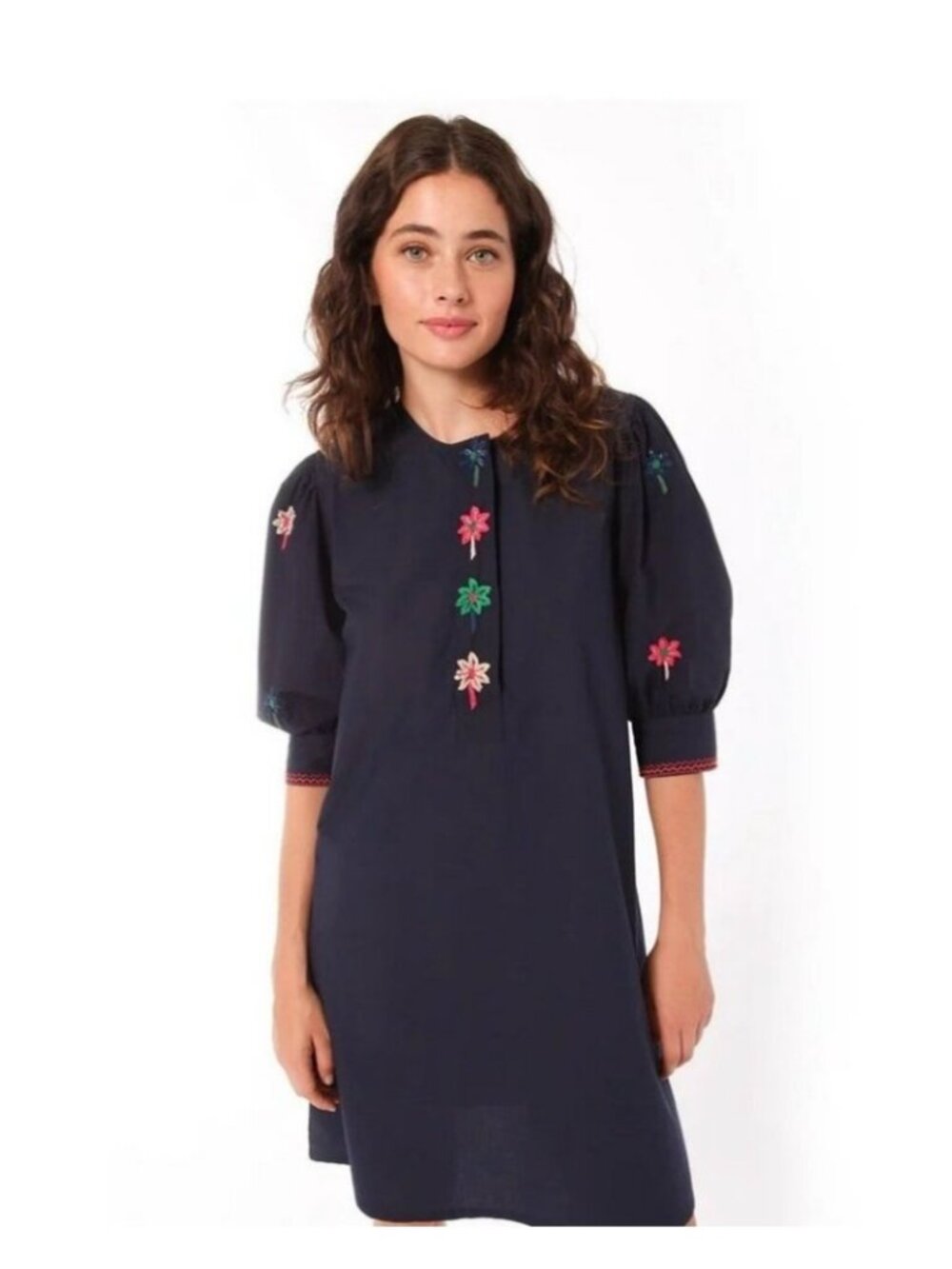 NWOT Vilagallo Amber Navy Dress, Bishop Sleeves With Sequins. Size 38/6 US.